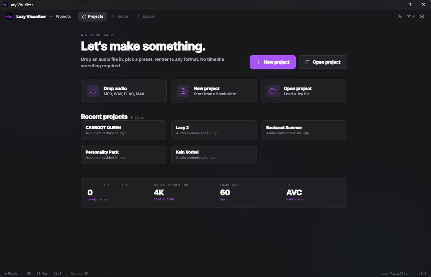 Lazy Visualizer projects screen